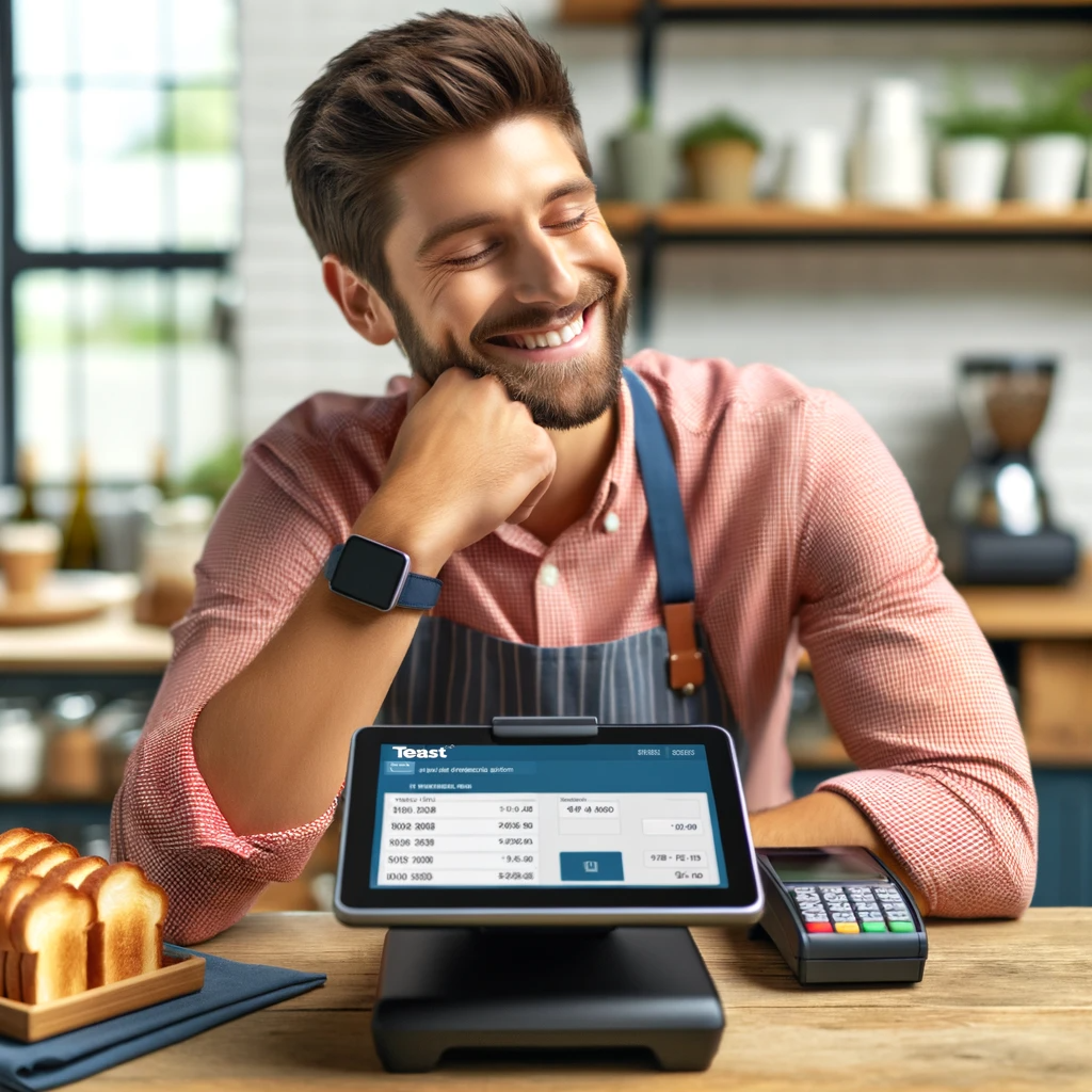 A relaxed restaurant manager using Toast POS for a quick and easy closing process, depicting efficiency and time-saving, in a professional and invitin