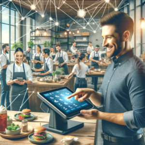 Create an image depicting a modern, busy restaurant environment with a manager using the ToastTab POS system. The scene shows efficiency a