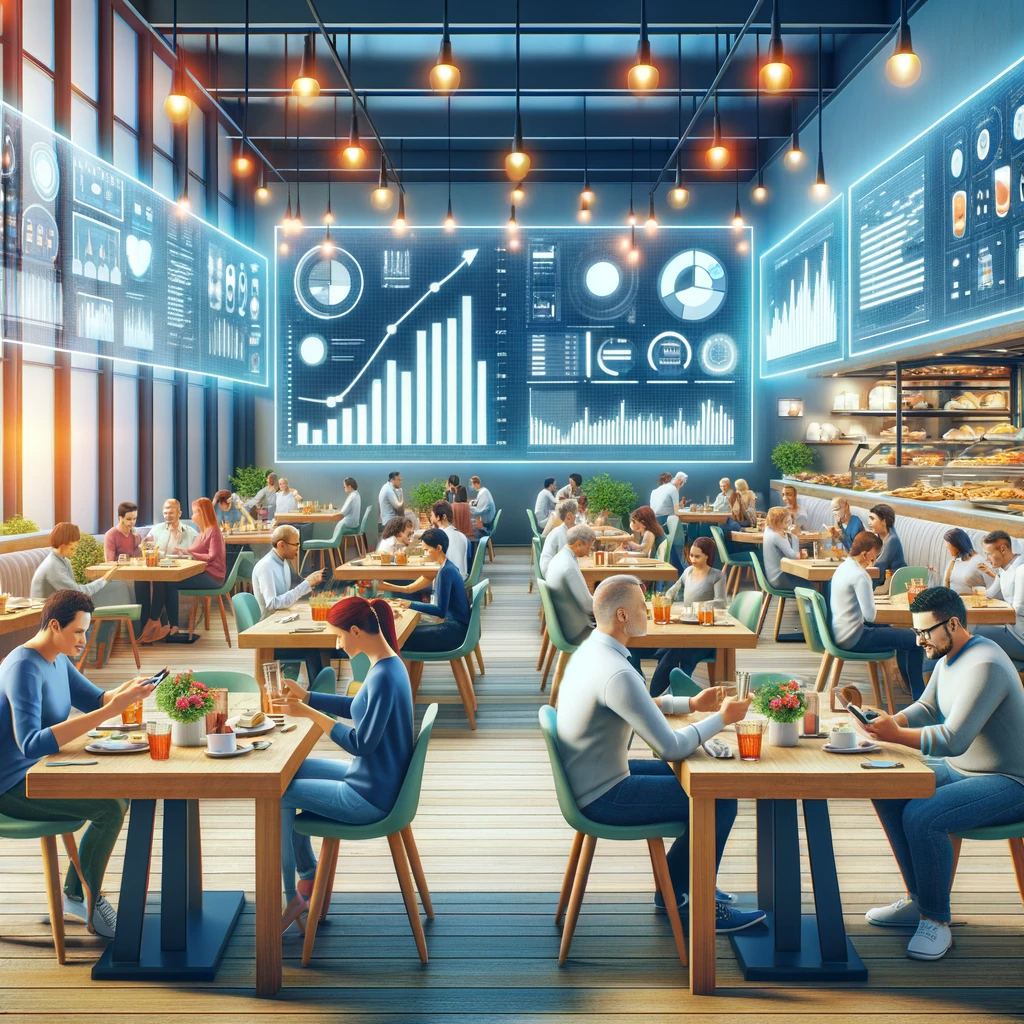 An illustration of a lively, bustling restaurant scene. Show several tables with happy customers using their smartphones, possibly for online ordering