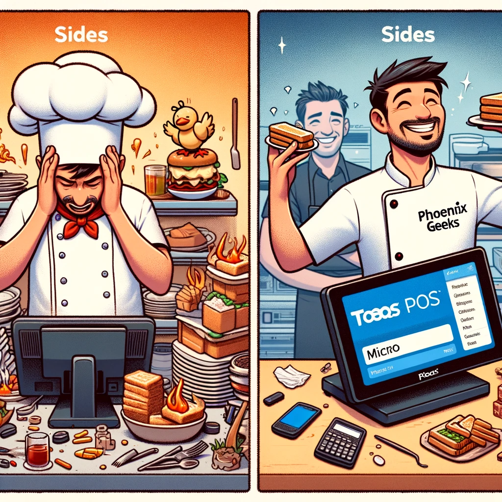 A comparison image showing two sides_ on the left, a frustrated chef using Micros POS in a cluttered and inefficient kitchen, and on the right, a happ