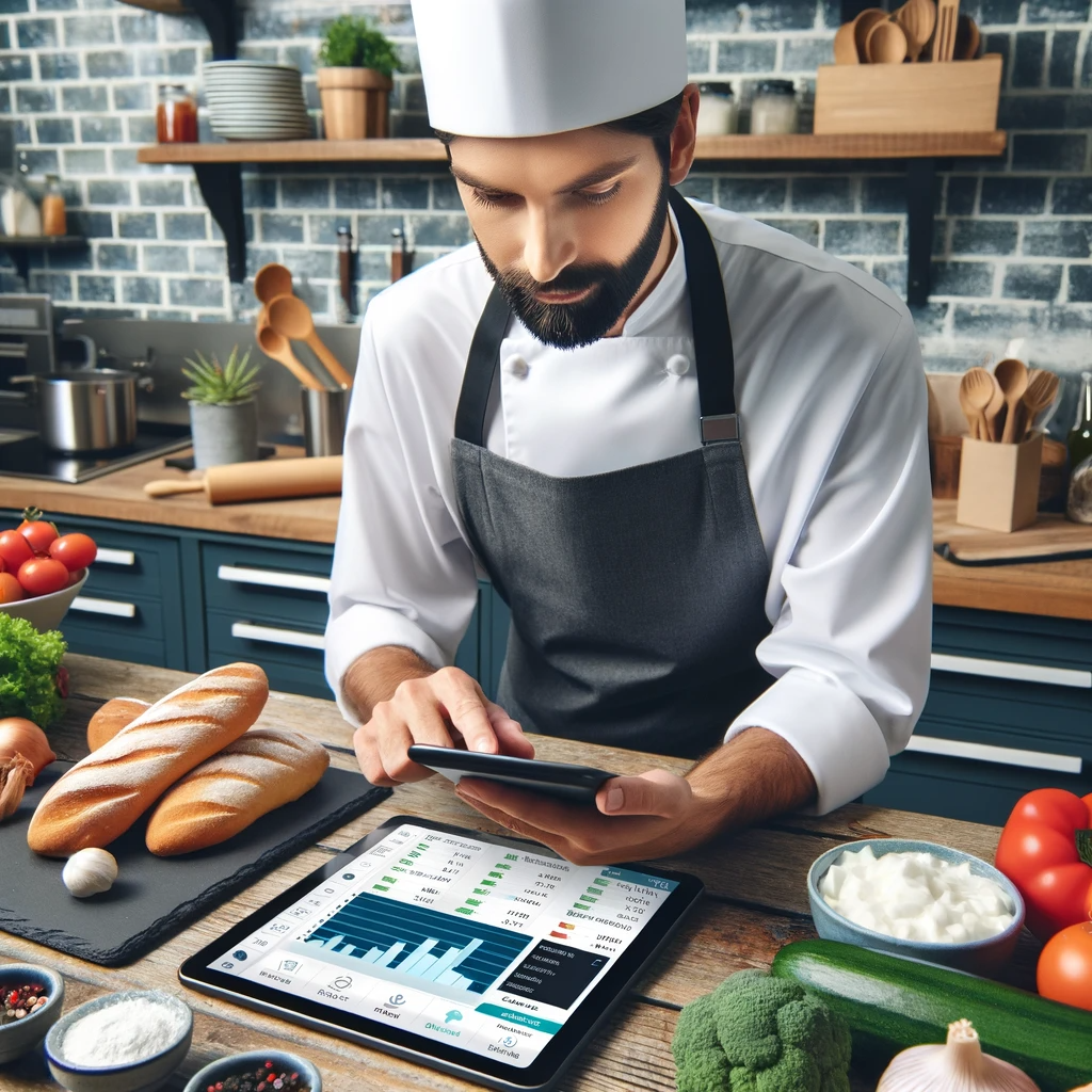 A chef analyzing sales data on a tablet with the Toast POS interface, surrounded by fresh ingredients and a modern kitchen, showcasing the integration