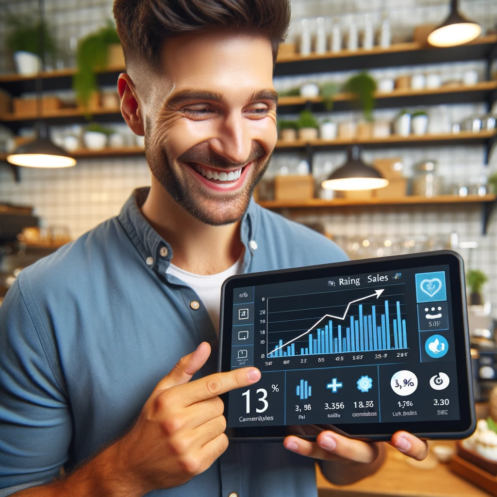 A happy restaurant owner looking at a Toast POS screen displaying rising sales and customer satisfaction metrics. The owner is smiling and appears sat