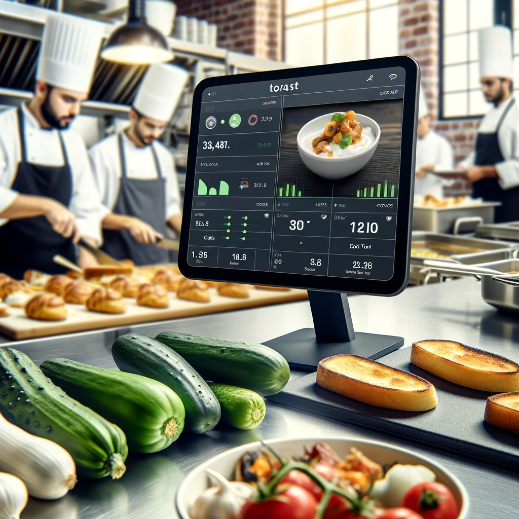 A busy kitchen scene in a restaurant where chefs are actively preparing food. In the background, there's a monitor displaying the Toast xtraCHEF appli