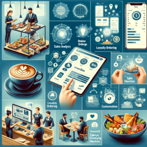 A collage of restaurant technology features including advanced sales analytics, online ordering interface, loyalty program customization, table manage